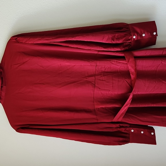 ELOQUII Satin Bishop Sleeve Wrap Dress Sz 16 Pearl Buttons on Sleeves Ruffle Hem - Picture 7 of 10